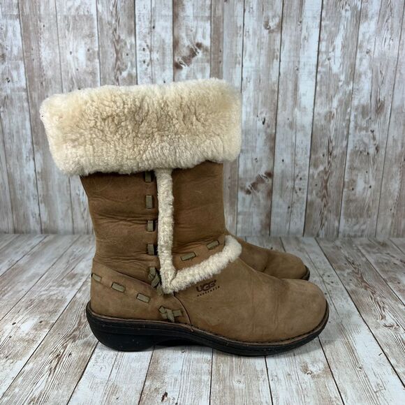 UGG Tall Shearling Lined Winter Boots Brown Leather Comfort Outdoor Boots Size 7 - Picture 1 of 8
